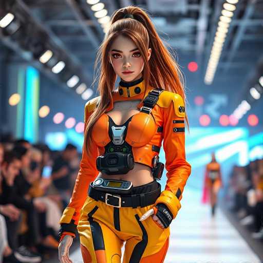 A woman is walking down a runway wearing an orange jumpsuit with a black belt and a green strap across her chest. She has long brown hair styled into a ponytail and is holding a microphone in one hand while the other hand is in her pocket. The background shows a large crowd of people watching the event, suggesting it might be a fashion show or similar public event.
The woman's outfit appears to be inspired by futuristic technology, with a high-tech jumpsuit that includes a chest plate and a green strap across her chest.