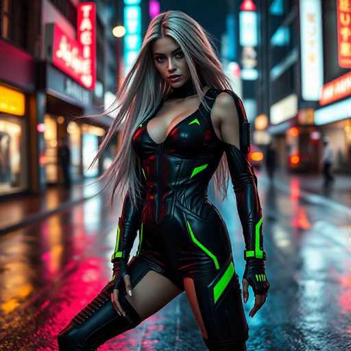 A woman with long blonde hair is standing on a wet street at night, wearing a black leather outfit that includes a top and shorts. She has her arms crossed over her chest and is looking directly at the camera. The background features neon signs from various shops lining the street, creating an urban atmosphere.