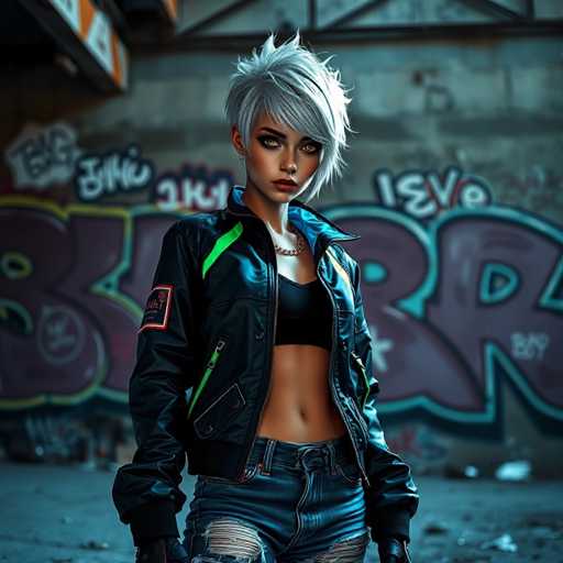 A young woman with short blonde hair and a black tank top stands confidently against the backdrop of a graffiti-covered wall. She is wearing blue jeans and a black jacket adorned with green accents. The woman's gaze is directed straight at the camera, creating an engaging visual connection between her and the viewer.