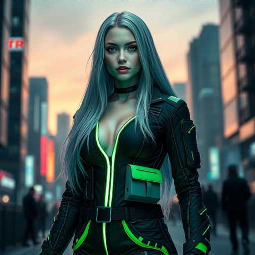 A woman with long blonde hair is standing on a city street at dusk, wearing a black jumpsuit that has neon green accents and a green belt around her waist. The background features tall buildings and bright lights from the city's many windows.