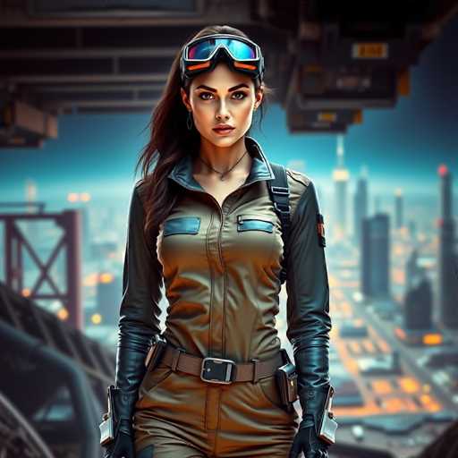 A woman dressed as a robot stands on a rooftop with a city skyline in the background. She is wearing a green jumpsuit and goggles that match her goggles. The image also contains text elements such as "What", "Who", "Where", "When", and "How".