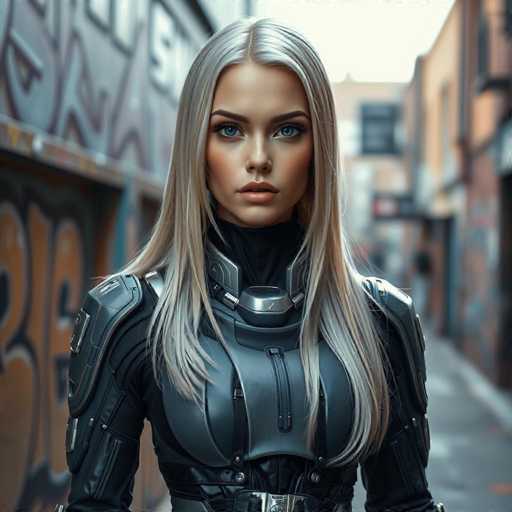 The image shows a woman with blonde hair wearing a futuristic black suit and helmet. She is standing on an urban street lined with graffiti-covered buildings. The perspective of the photo is from behind her, looking towards the camera.