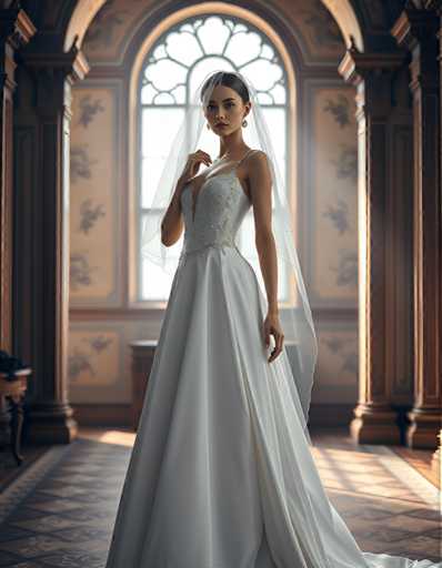 A woman is standing in front of a large window with white curtains and a floral pattern on the wall behind her. She is wearing a long white wedding dress that falls down to her knees, and she has a veil covering her hair. The room appears to be a church or a similar setting, as suggested by the presence of columns and arches in the background.