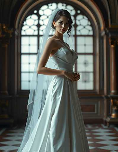 A woman is standing in front of a large window with an ornate design and wearing a white wedding dress that falls just below her knees. She has curly hair and is looking directly at the camera.