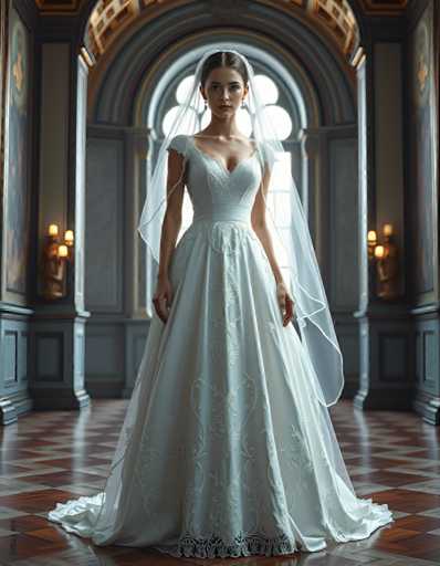 A woman is standing in front of a large window with white curtains and a gold frame. She is wearing a long white wedding dress with lace detailing on the bodice and skirt, and a veil covering her hair. The room has dark wood paneling and marble floors, creating an elegant atmosphere.