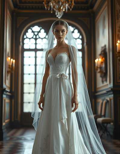 A woman is standing in front of a large window with a chandelier and a painting on the wall behind her. She is wearing a white wedding dress that has a long train and a veil. The room appears to be a grand hall or ballroom, possibly part of an old building.