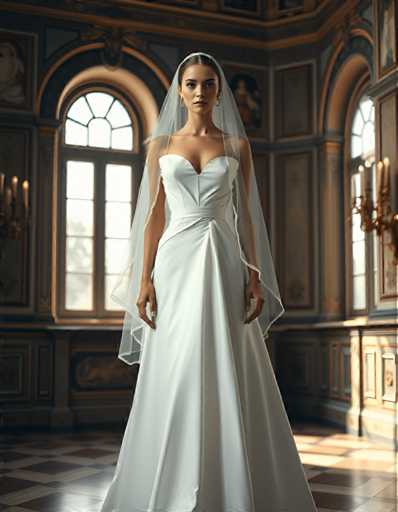 A woman is standing in front of a window with a white curtain and gold trim. She is wearing a long white wedding dress that falls down to her knees, and she has a veil on her head. The room behind the woman features ornate decorations, including a chandelier hanging from the ceiling.