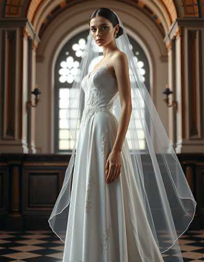 A woman is standing in front of a large window with white curtains and a floral pattern on the wall behind her. She is wearing a long white wedding dress that has a train trailing down the back and a veil covering her hair. The room appears to be a church or cathedral, as suggested by the high ceiling and ornate decorations.