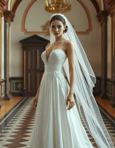 A woman is standing in front of a large archway with a chandelier hanging from it. She is wearing a white wedding dress and veil that falls over her shoulders. The archway has gold trim and the floor beneath her feet is made of wood.