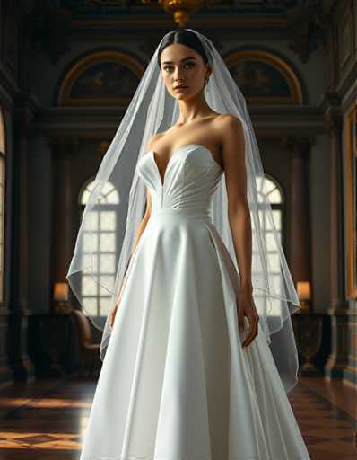 A woman is standing in front of a large window with gold accents and a white veil on her head. She is wearing a long white wedding dress that falls just below the knee. The room has high ceilings and ornate decorations, creating an elegant atmosphere.