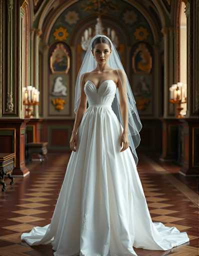 A woman is standing in front of a large archway with a chandelier hanging from it. She is wearing a white wedding dress and veil that falls over her shoulders. The floor beneath her feet is made of wood, adding to the elegance of the scene.