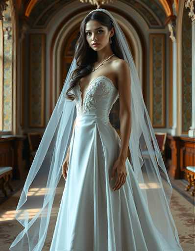 A woman is standing in an ornate room with a high ceiling and large windows that let in natural light. She is wearing a white wedding dress with a train and veil, which is long and flowing. The background features a wooden paneled wall adorned with gold accents, adding to the elegance of the setting.