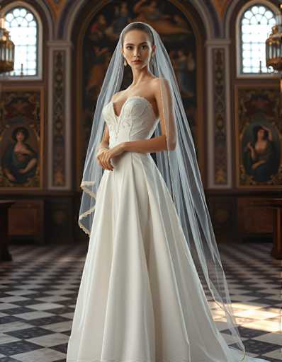 A woman is standing in front of a large window with a painting on the wall behind her. She is wearing a white wedding dress and veil that falls over her shoulders. The window has an ornate design, adding to the elegance of the scene.