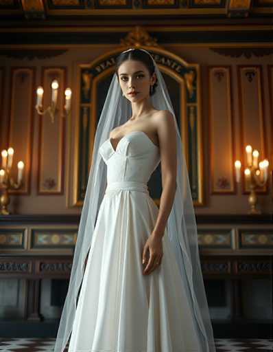 A woman is standing in front of a large window with gold trim and a chandelier hanging from the ceiling. She is wearing a white strapless wedding dress that falls just below her knees. The window behind her has a gold frame, adding an elegant touch to the scene.