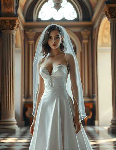 A woman is standing in front of a large window with white curtains and a gold frame. She is wearing a white wedding dress that falls just below her knees, and she has a veil on her head. The room appears to be an indoor space with columns lining the walls behind her.