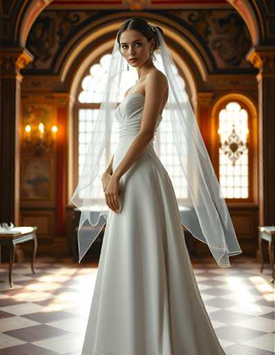 A woman is standing in front of a large window with an ornate design and a chandelier hanging from the ceiling. She is wearing a white wedding dress that falls just below her knees, and she has a veil on her head. The room appears to be a grand hall or ballroom, possibly part of a palace or castle, as indicated by the presence of the large window with intricate decorations.
