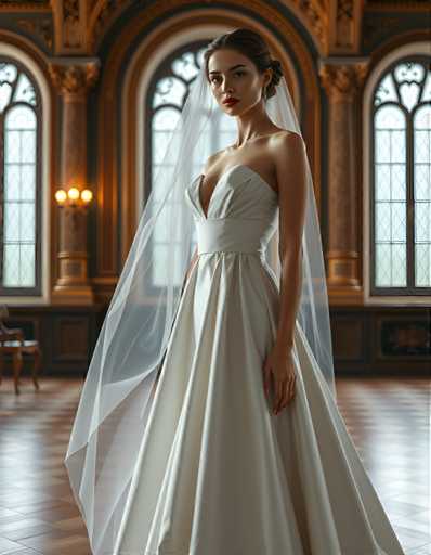 A woman is standing in front of a large window with arched glass and gold accents. She is wearing a white strapless wedding dress that falls just below her knees, and she has a veil covering her hair. The room around her features ornate decorations, including a chandelier hanging from the ceiling and a painting on the wall behind her.