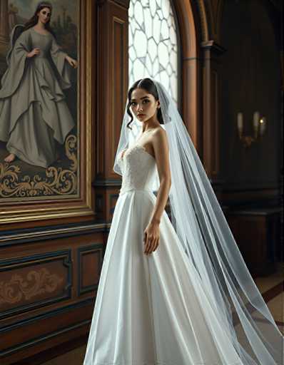 A woman is standing in front of a large window with a painting on the wall behind her. She is wearing a white wedding dress and veil that falls over her shoulders. The window has an arch design and is framed by a gold border.