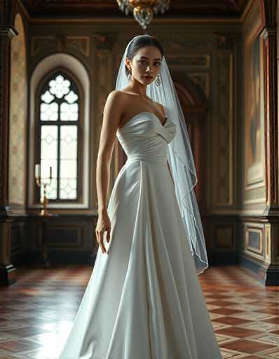 A woman is standing in front of a window with a white curtain and a gold candelabra on the windowsill. She is wearing a long white wedding dress that falls to her knees, and she has a veil covering her hair. The room appears to be a grand hall or ballroom, characterized by its ornate decorations and rich colors.
