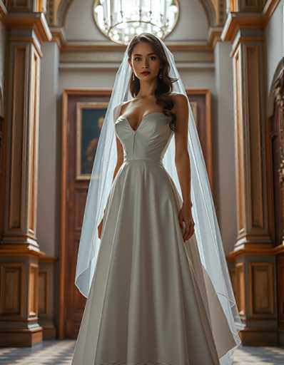 A woman is standing in front of a doorway with her back to the camera, wearing a white wedding dress and veil that falls over her shoulders. The doorway behind her has a painting on it, adding an artistic touch to the scene.