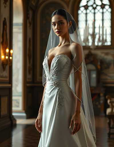 A woman is standing in front of a window with white curtains and a gold frame. She is wearing a white strapless wedding dress with a train that flows down the back and has a veil on her head. The room she stands in appears to be a grand hall or ballroom, characterized by its ornate decorations and high ceilings.