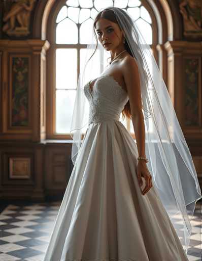 A woman is standing in front of a window with her back turned towards the camera. She is wearing a white wedding dress and veil that falls over her shoulders. The window behind her has an ornate design, adding to the elegance of the scene.