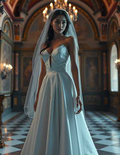 A woman is standing in an ornate room with a high ceiling and large windows that allow natural light to flood the space. She is wearing a white wedding dress with a strapless bodice and a veil, which contrasts beautifully against the dark background of the room. The woman's pose suggests she is posing for a portrait or photograph.