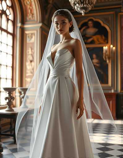 A woman is standing in front of a painting on a wall in an ornate room with gold accents and a chandelier hanging from the ceiling. She is wearing a white wedding dress that falls to her knees, and she has a veil covering her hair. The painting behind her depicts a woman's face, adding to the overall elegance of the scene.