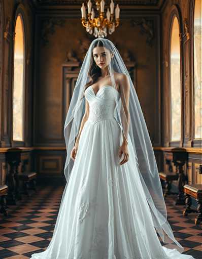A woman is standing in front of a large window with gold curtains and a chandelier hanging from the ceiling. She is wearing a white wedding dress that has a train trailing behind her. The room she stands in appears to be an old-fashioned or historic setting, possibly a castle or a palace.