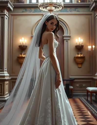 A woman is standing in front of a large archway with a white veil and a long train on her dress. She is wearing a white wedding gown that has intricate lace detailing along the bodice. The room she stands in appears to be a grand hall or ballroom, characterized by its ornate decorations and chandeliers hanging from the ceiling.