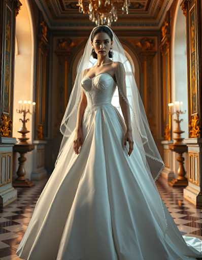 A woman is standing in front of a large window with gold trim and a chandelier hanging from the ceiling. She is wearing a white wedding dress that falls just below her knees, and she has a veil on her head. The room appears to be an indoor space with high ceilings and ornate decorations, suggesting it could be a ballroom or similar venue for a wedding event.