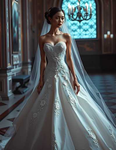 A woman is standing in front of a large window with a chandelier hanging from the ceiling. She is wearing a white wedding dress with intricate lace detailing and a strapless bodice that falls to her knees. The bride's hair is styled in an elegant updo, and she has a radiant smile on her face as she gazes directly at the camera.