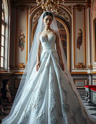 A woman is standing in front of a large window with gold trim and a painting on the wall behind her. She is wearing a white wedding dress with a long train that flows down to her feet. The room has a high ceiling and ornate decorations, creating an elegant atmosphere.