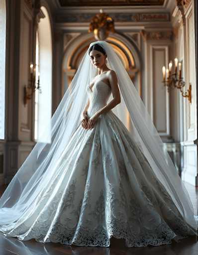 A woman is standing in front of a large window with white curtains and gold accents. She is wearing a long, elegant wedding dress that falls just below her knees. The dress features intricate lace detailing on the bodice and skirt, giving it an air of sophistication. The woman's hair is styled in an updo, adding to the overall grandeur of the scene.