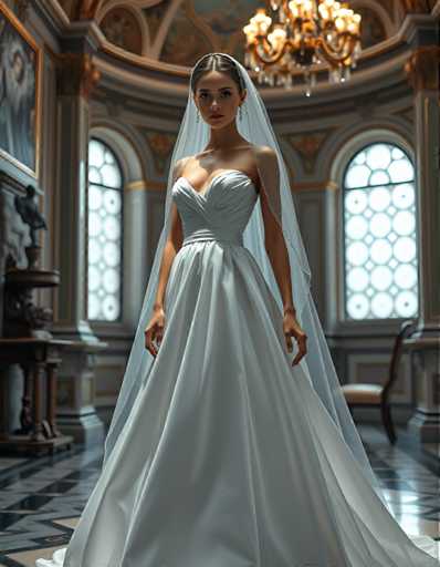 A woman is standing in front of a large window with white curtains and a gold frame. She is wearing a long white wedding dress that falls down to her knees, and she has a veil on her head. The room around her features ornate decorations, including a chandelier hanging from the ceiling and a statue on a pedestal nearby.