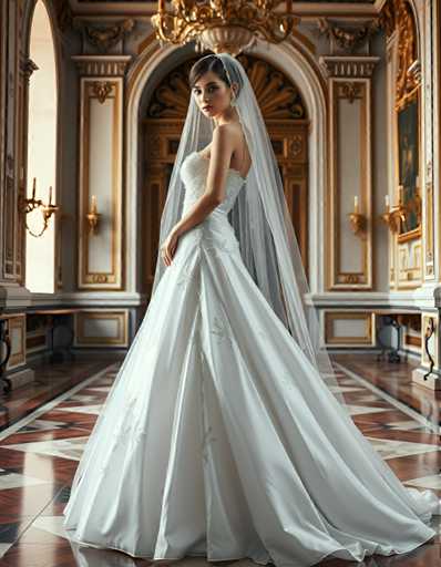 A woman is standing in front of a large archway with gold accents and a chandelier hanging from the ceiling. She is wearing a white wedding dress that falls down to her knees, and she has a veil on her head. The background features a marble floor and walls adorned with gold accents.
