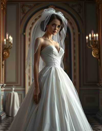 A woman is standing in front of a doorway with her hands on her hips and looking directly at the camera. She is wearing a white wedding dress that falls just below her knees, and she has a veil covering her hair. The room around her features gold accents, including a chandelier hanging from the ceiling and an ornate mirror above it.