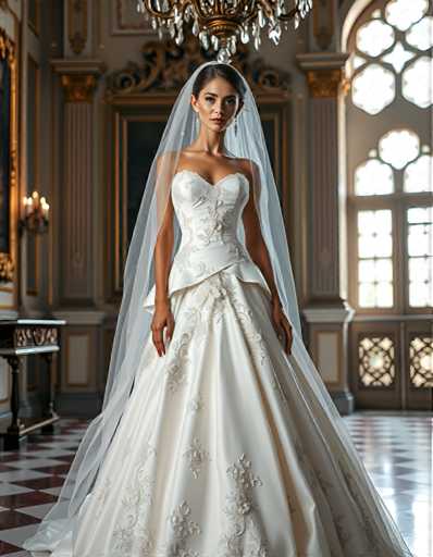 A woman is standing in front of a large window with intricate gold designs and a chandelier hanging from the ceiling. She is wearing a white wedding dress with a long train that flows behind her as she stands on a marble floor. The room has high ceilings and ornate decorations, creating an elegant atmosphere.