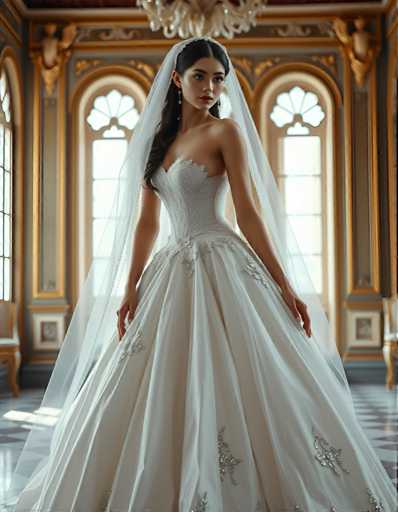 A woman is standing in front of a large window with gold trim and a chandelier hanging from the ceiling. She is wearing a white wedding dress with intricate beading on the bodice and a veil covering her hair. The room has high ceilings and ornate decorations, creating an elegant atmosphere.
