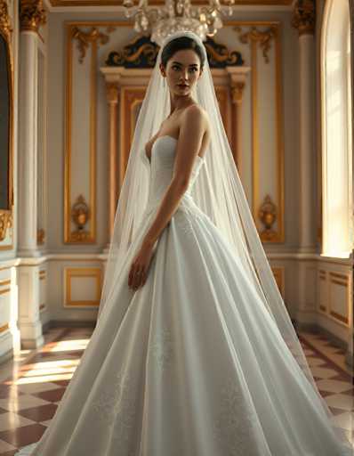 A woman is standing in front of a window with her back turned towards the camera. She is wearing a white wedding dress that has a train and a veil. The room she is in appears to be a grand hall or ballroom, characterized by its ornate decorations and high ceilings.