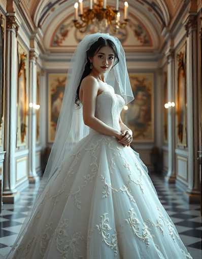 A woman is standing in an ornate hallway with a high ceiling and large windows that let in natural light. She is wearing a white wedding dress with intricate lace detailing on the bodice and skirt, and a veil covering her hair. The walls of the hallway are adorned with paintings, adding to the grandeur of the scene.