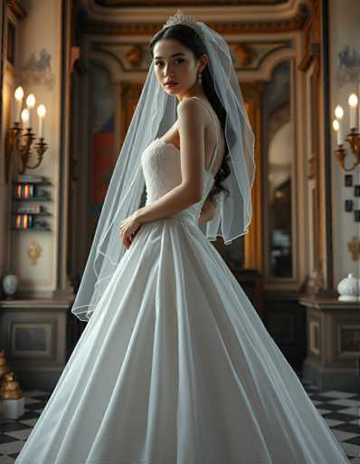 A woman is standing in front of a mirror wearing a white wedding dress with a veil and tiara on her head. The room has gold accents and a chandelier hanging from the ceiling.