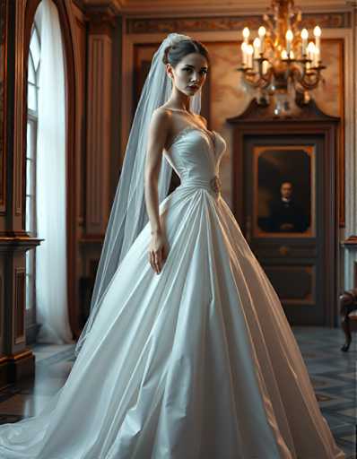 A woman is standing in front of a large window with white curtains and a gold frame. She is wearing a long white wedding dress that falls down to her knees. The room has a high ceiling and ornate decorations, including a chandelier hanging from the center of the room. A portrait can be seen on one wall behind the woman.