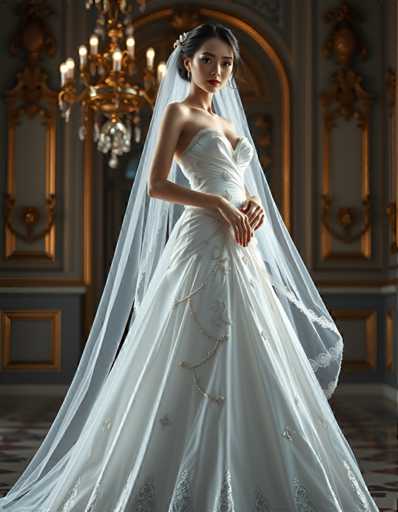 A woman is standing in front of a large archway with gold accents and a chandelier hanging from the ceiling. She is wearing a white wedding dress with a train that flows behind her as she stands on a red carpet.