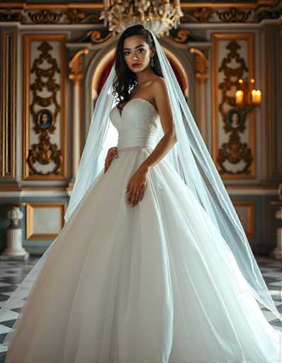 A woman is standing in front of a grand room with gold accents and a chandelier hanging from the ceiling. She is wearing a white wedding dress that falls down to her knees, and she has a veil on her head. The background features ornate decorations such as columns and paintings, creating an elegant atmosphere.