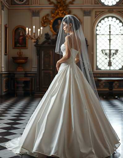 A woman is standing in front of a large window with an ornate gold frame and a chandelier hanging from the ceiling. She is wearing a white wedding dress that falls to her knees, and she has a veil on her head. The room appears to be a grand hall or ballroom, decorated with paintings on the walls and a wooden cabinet in the background.