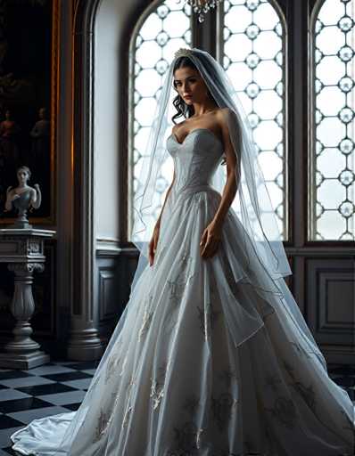 A woman is standing in front of a window with her hands on her hips and looking directly at the camera. She is wearing a long white wedding dress with a train that flows down to her feet. The window behind her has a stained glass design, adding an artistic touch to the scene.