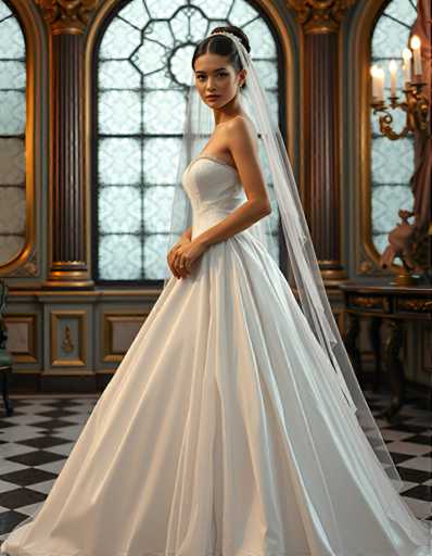 A woman is standing in front of a window with gold trim and a chandelier, wearing a white wedding dress that falls just below her knees.