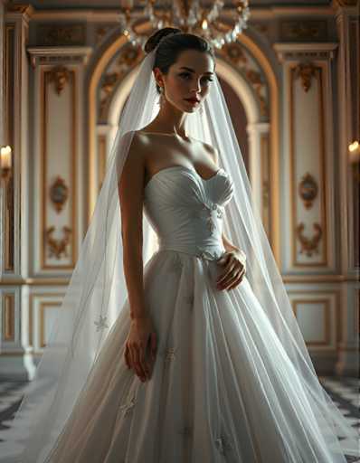 A woman is standing in front of a large archway with a chandelier hanging from it. She is wearing a white wedding dress and veil that has small stars on the bodice. The background features a wall adorned with gold decorations, adding to the grandeur of the scene.