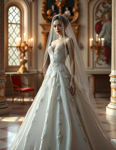 A woman is standing in front of a large window with gold trim and a painting on the wall behind her. She is wearing a white wedding dress with intricate beading and a veil that falls over her shoulders. The room has a high ceiling and ornate decorations, creating an elegant atmosphere.